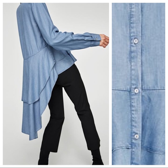 NWT Zara Blue Washed Denim Longline Shirt Size S - Picture 3 of 8